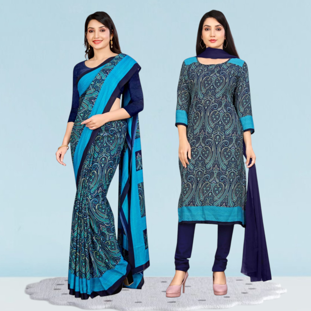 Printed Crepe Uniform Saree & Dress Material Combo Set ( Katrina )