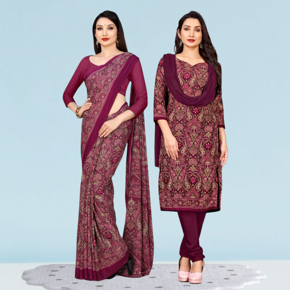 Printed Crepe Uniform Saree & Dress Material Combo Set ( Katrina )