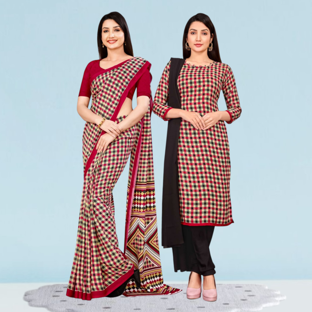 Printed Crepe Uniform Saree & Dress Material Combo Set ( Katrina )