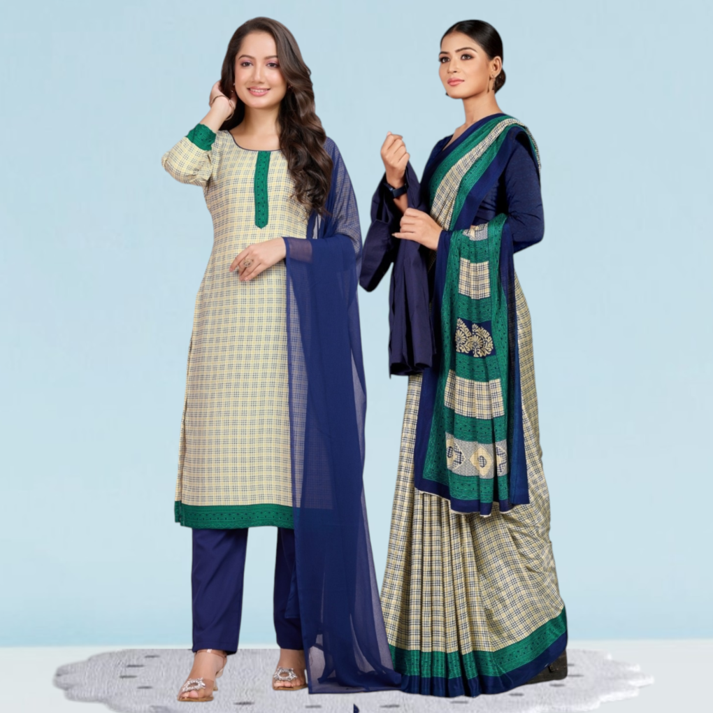 Printed Italian Crepe Uniform Sarees & Suit Combo Set ( Modern)