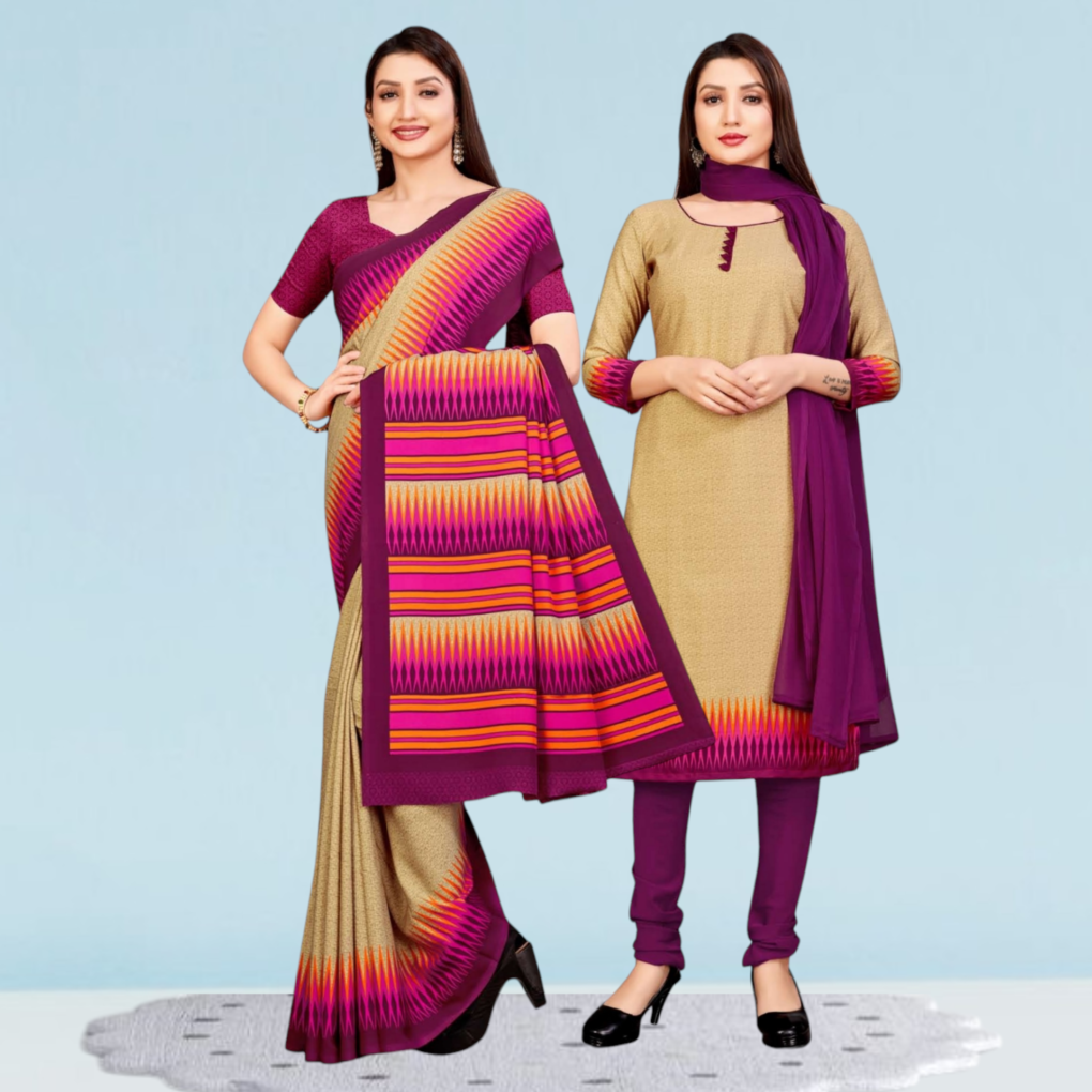 Uniform Plain Saree And Salwar Suit Crepe Silk Combo ( Dream Girl )