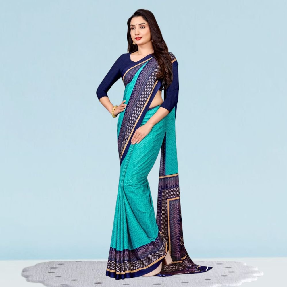 Sky Blue Crepe Silk Teachers Uniform Sarees for Modern Professionals ( Dream Girl )