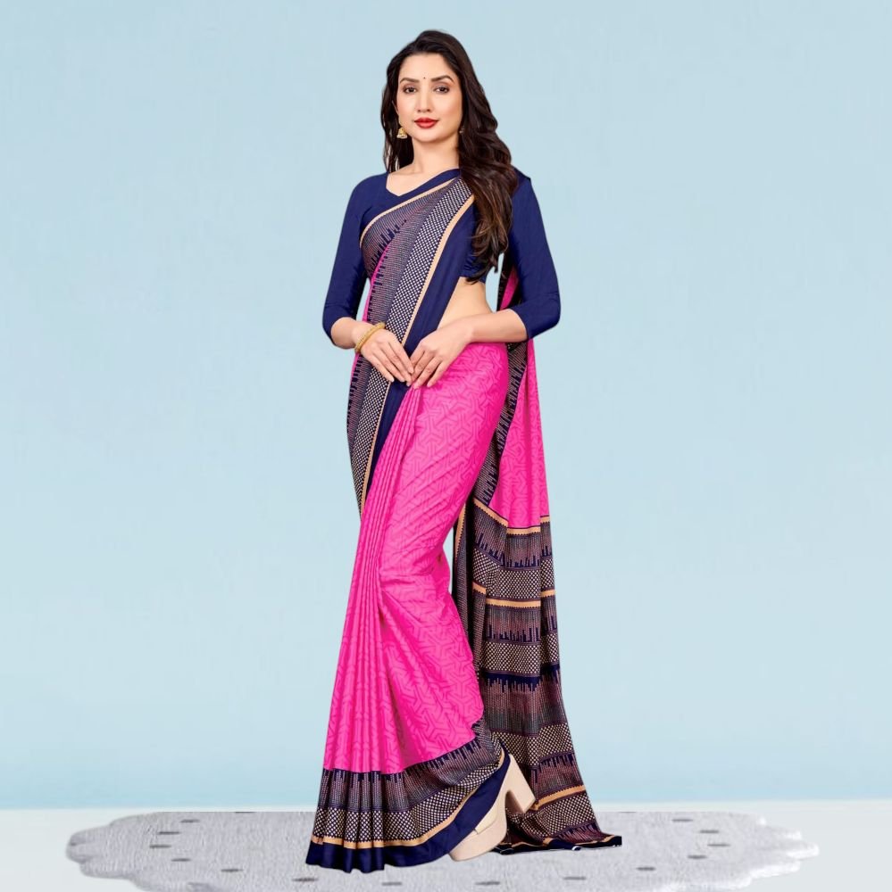 Pink Crepe Silk Teachers Uniform Sarees for Modern Professionals