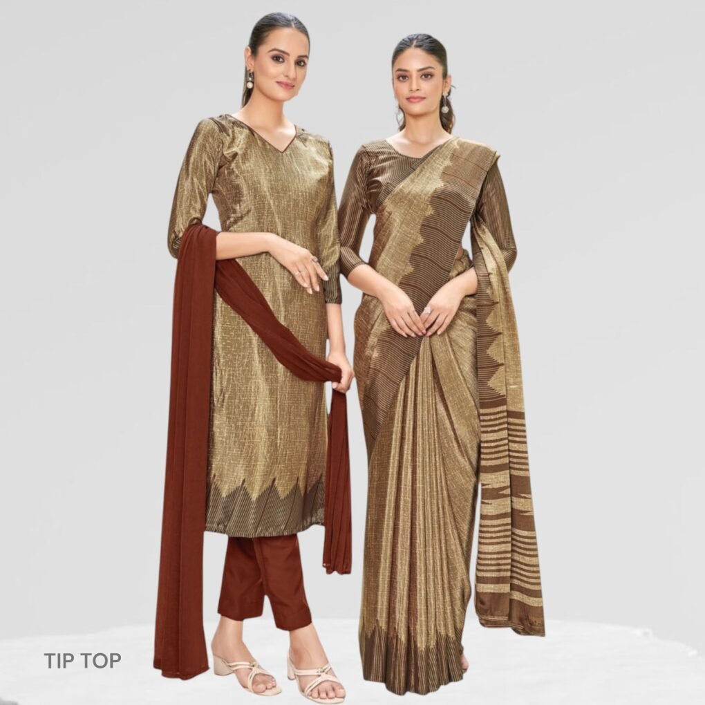 Crepe Silk Uniform Sarees And Suit Combo Set ( Tip Top )