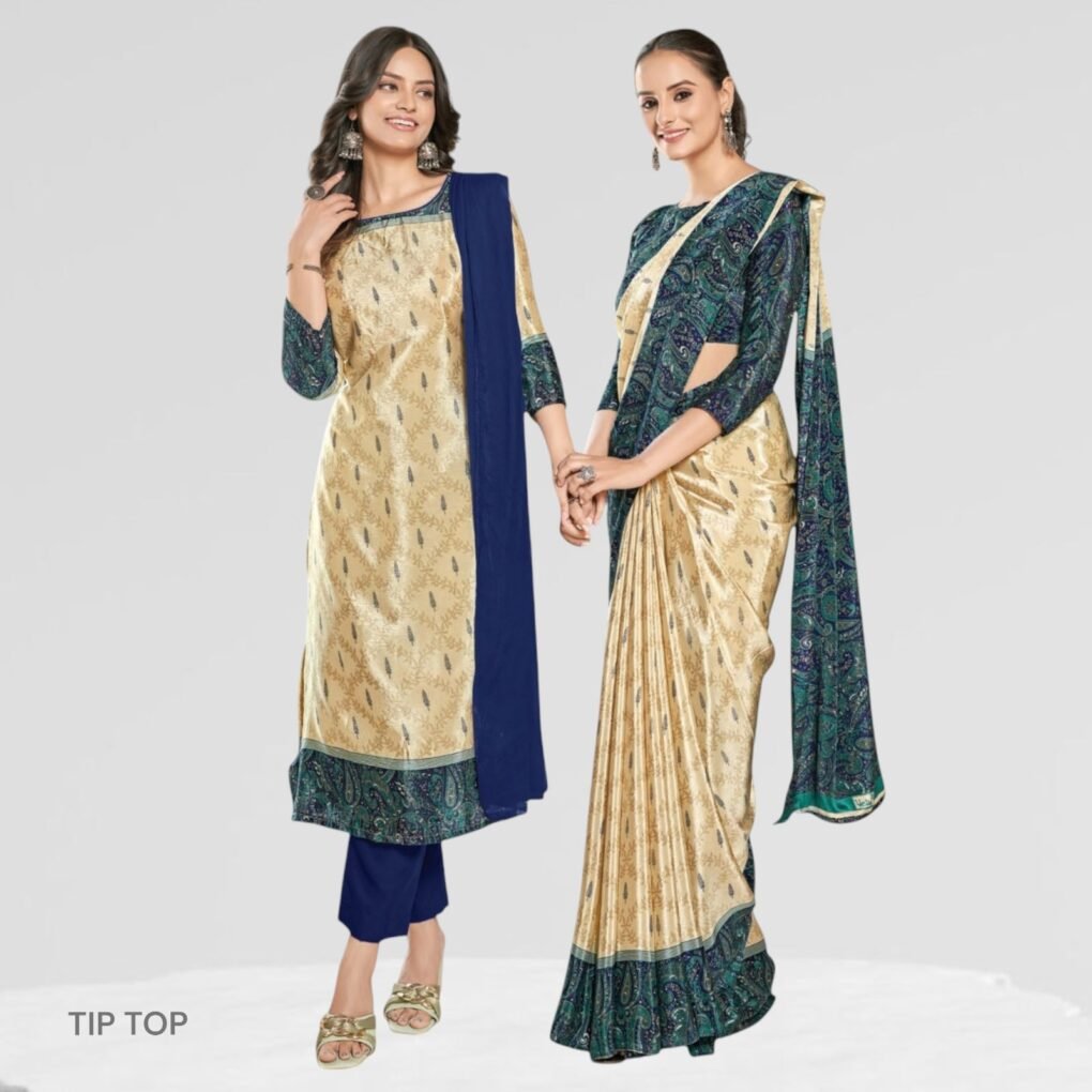 Crepe Silk Uniform Sarees And Suit Combo Set ( Tip Top )