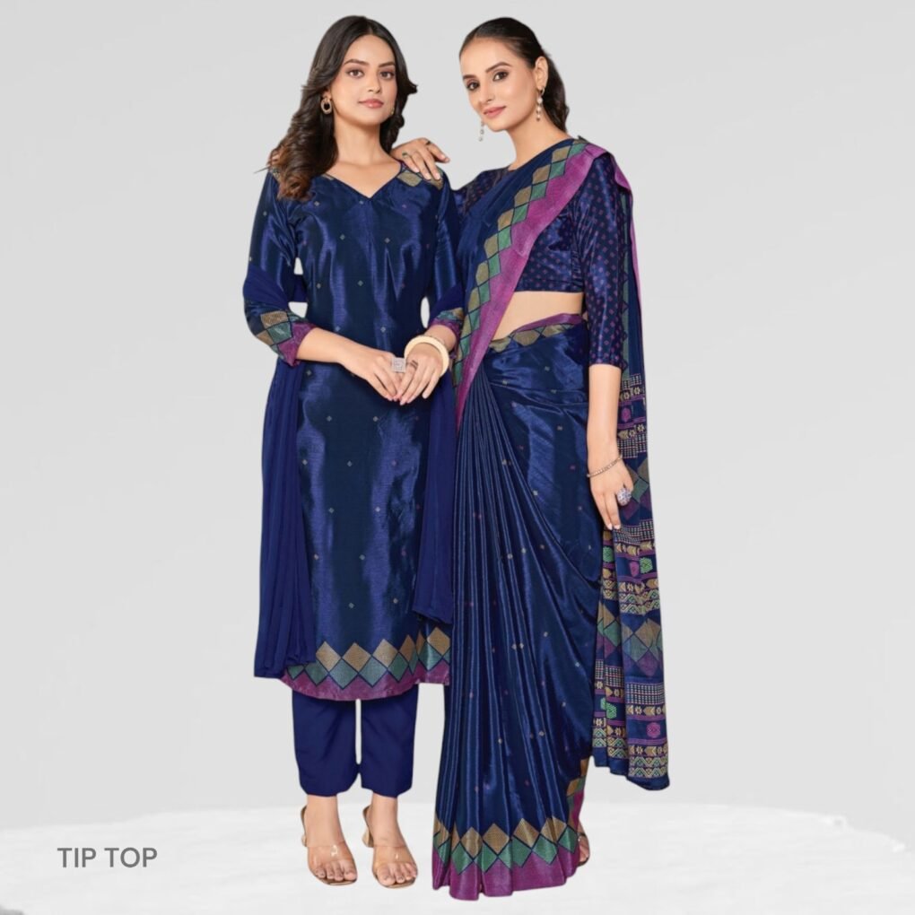 Blue Crepe Silk Uniform Sarees And Suit Combo Set ( Tip Top )