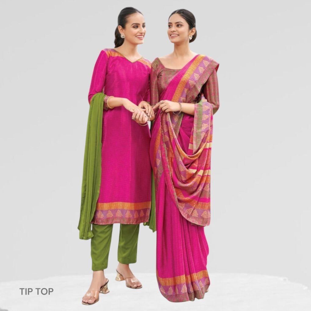 Crepe Silk Uniform Sarees And Suit Combo Set ( Tip Top )