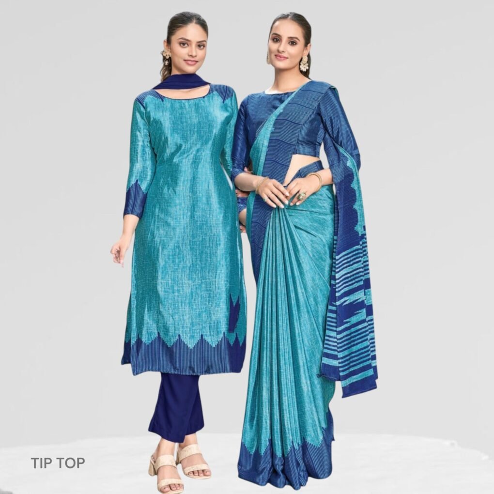 Crepe Silk Uniform Sarees And Suit Combo Set ( Tip Top )