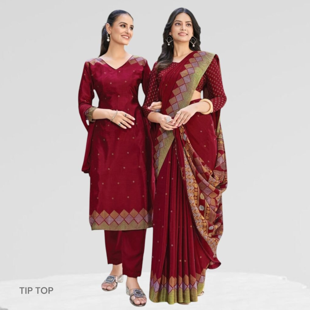 Blue Crepe Silk Uniform Sarees And Suit Combo Set ( Tip Top )