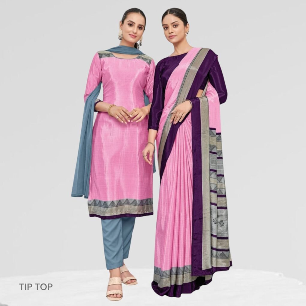 Crepe Silk Uniform Sarees And Suit Combo Set ( Tip Top )