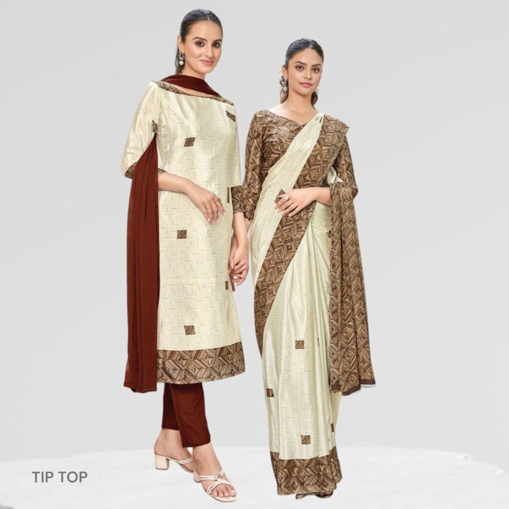 Crepe Silk Uniform Sarees And Suit Combo Set ( Tip Top )