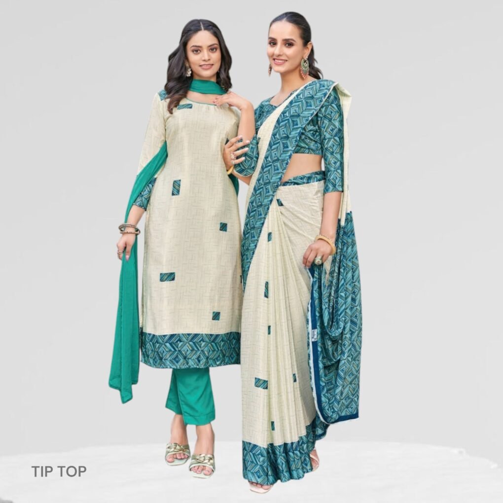 Crepe Silk Uniform Sarees And Suit Combo Set ( Tip Top )