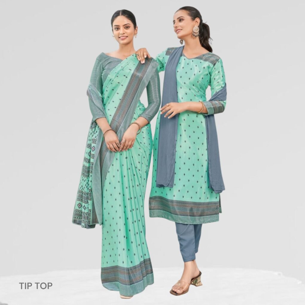 Crepe Silk Uniform Sarees And Suit Combo Set ( Tip Top )