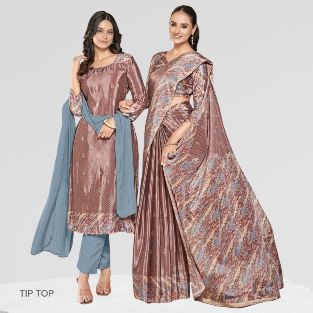 Crepe Silk Uniform Sarees And Suit Combo Set ( Tip Top )