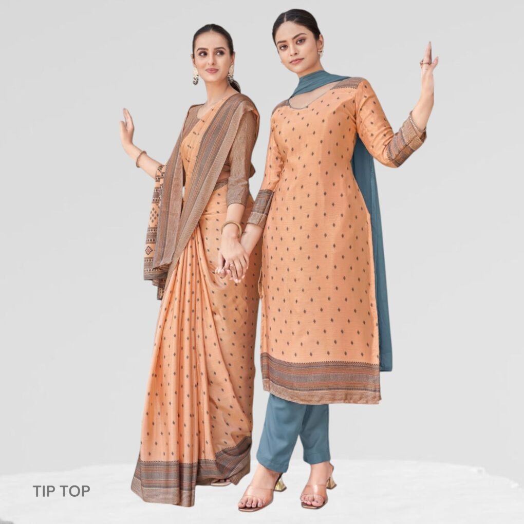 Crepe Silk Uniform Sarees And Suit Combo Set ( Tip Top )