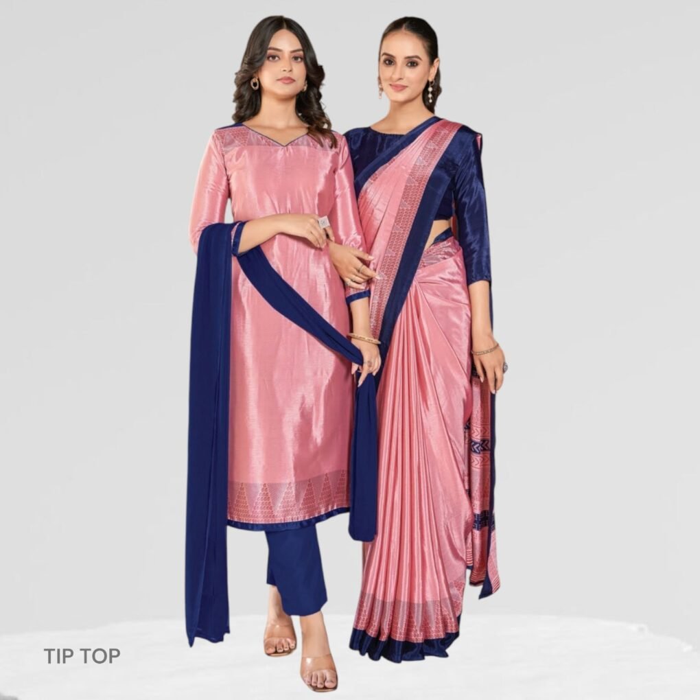 Crepe Silk Uniform Sarees And Suit Combo Set ( Tip Top )