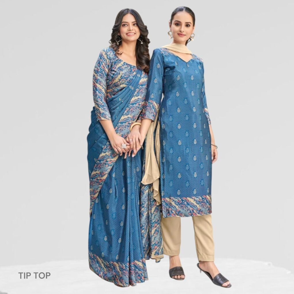 Crepe Silk Uniform Sarees And Suit Combo Set ( Tip Top )