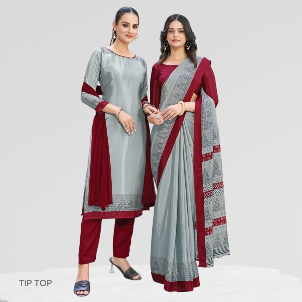 Crepe Silk Uniform Sarees And Suit Combo Set ( Tip Top )