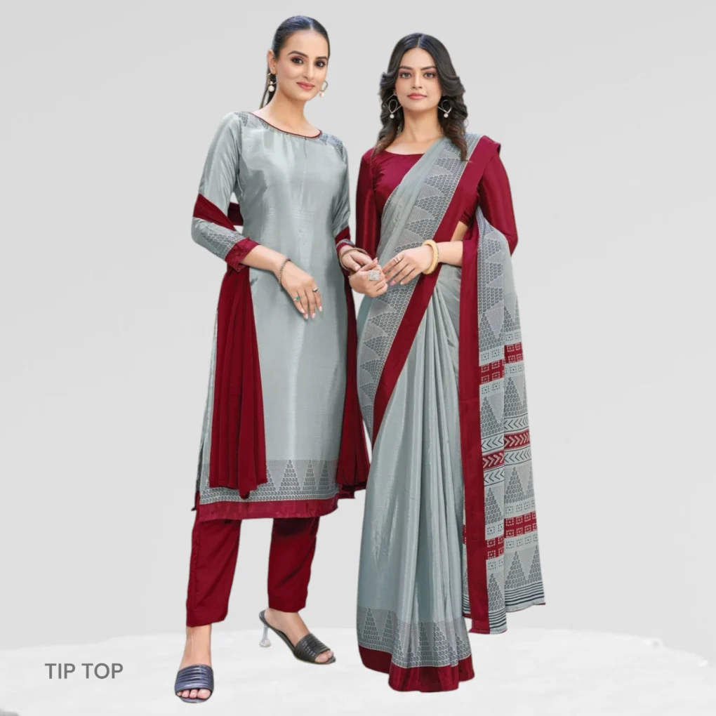 Crepe Silk Uniform Sarees And Suit Combo Set ( Tip Top )