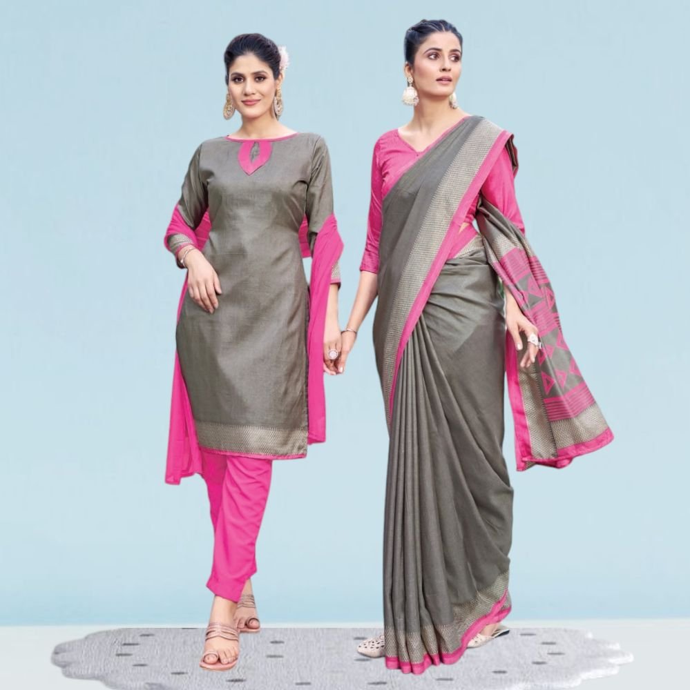 Cotton Silk Uniform Sarees And Suit Combo ( Ikat Silk )