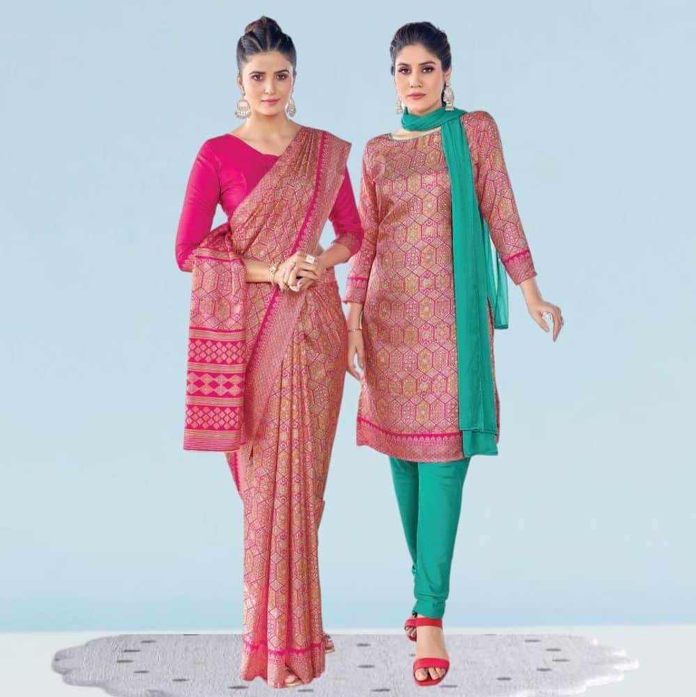 Cotton Silk Uniform Sarees And Suit Combo ( Ikat Silk )