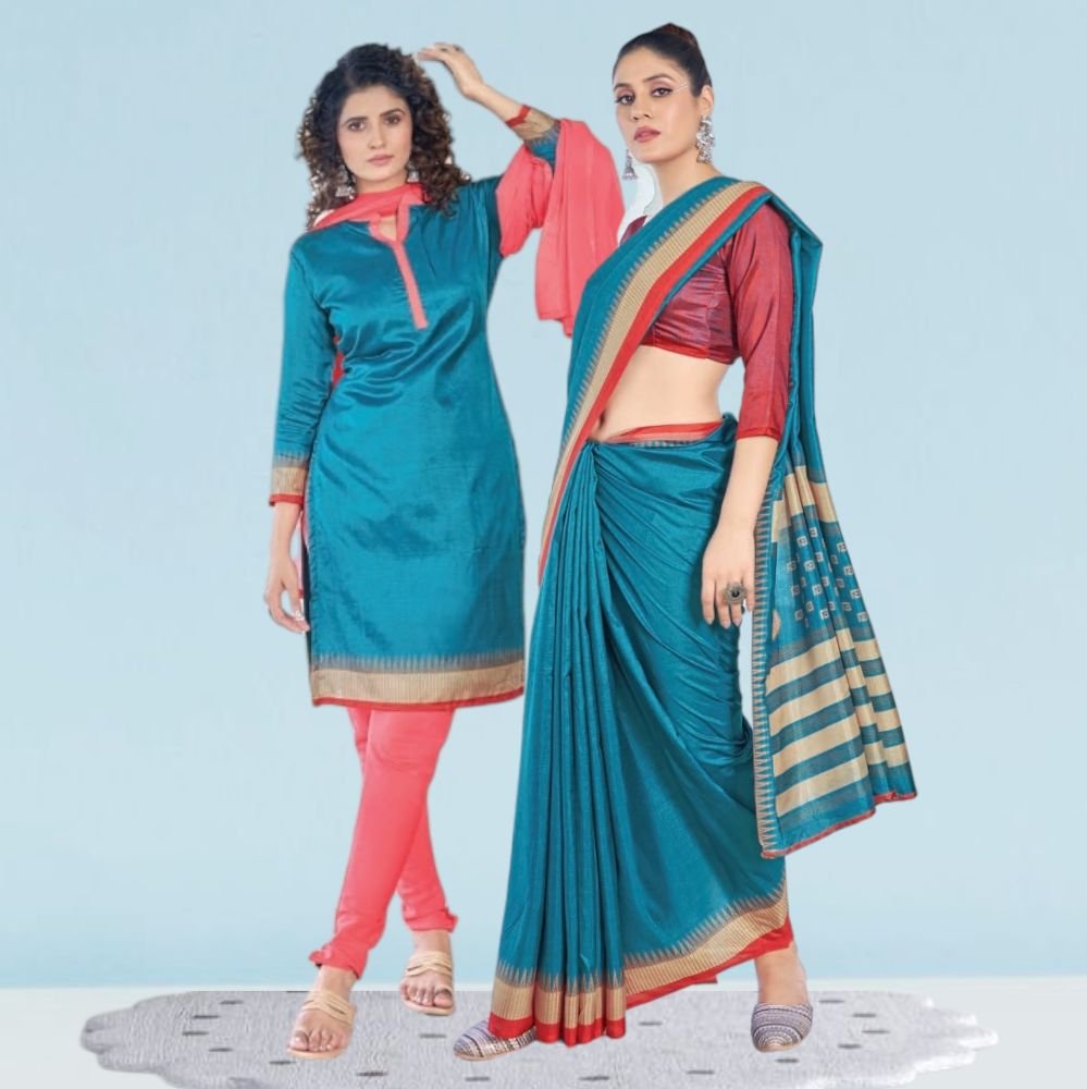 Cotton Silk Uniform Sarees And Suit Combo ( Ikat Silk )