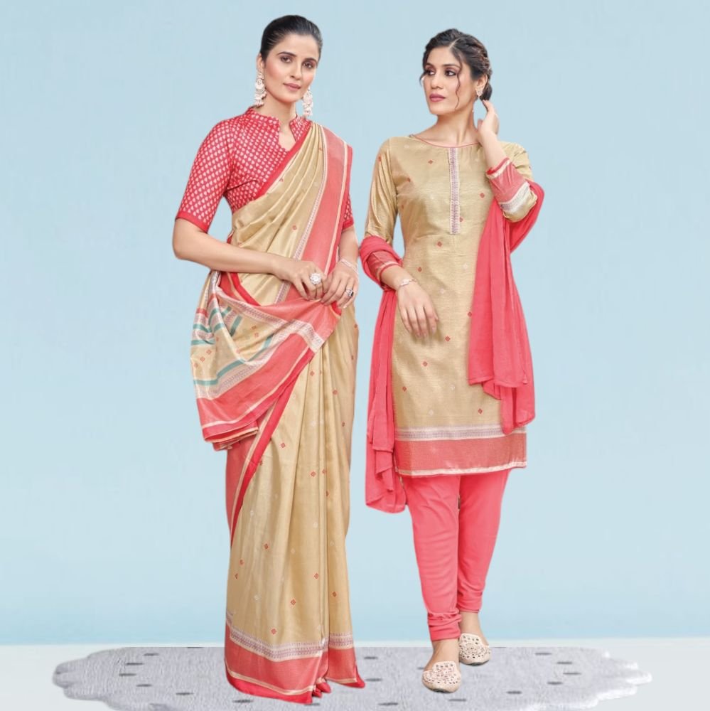 Cotton Silk Uniform Sarees And Suit Combo ( Ikat Silk )