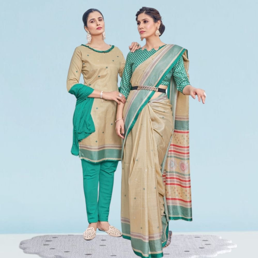 Cotton Silk Uniform Sarees And Suit Combo ( Ikat Silk )