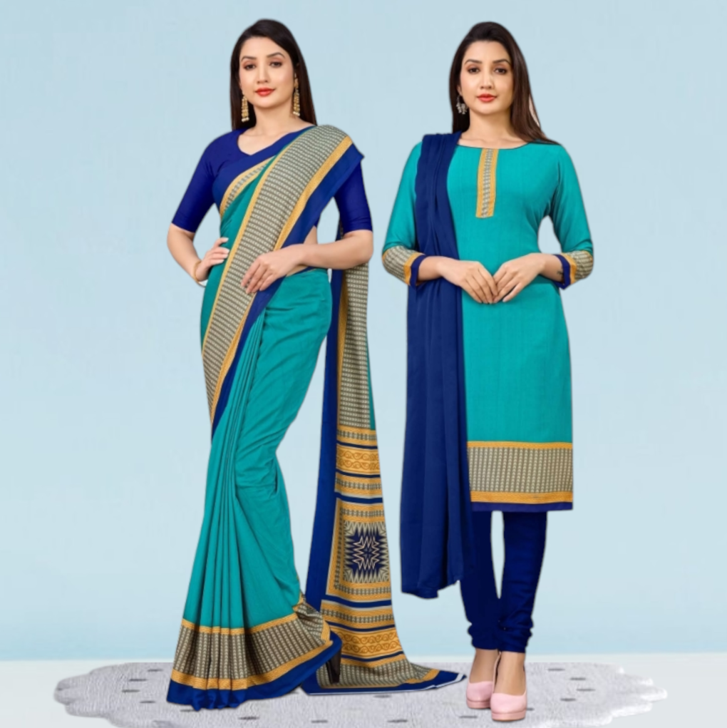 Blue Uniform Plain Saree And Salwar Suit Crepe Silk Combo ( Dream Girl )